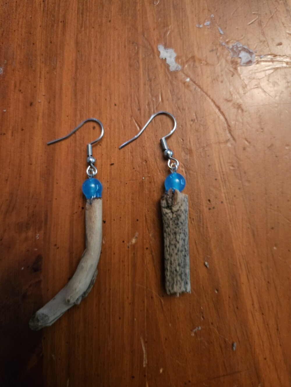 Ooak Handcrafted Blue Bead Driftwood Drop Earrings - Women Jewelry